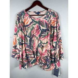 Democracy Womens 2X Tropical Leaf Twist Front Top Pink Green Sweater NWT